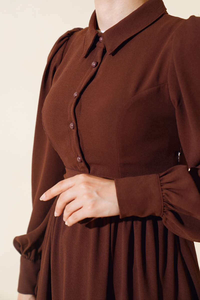 Belted Shirt Collar Dress Brown