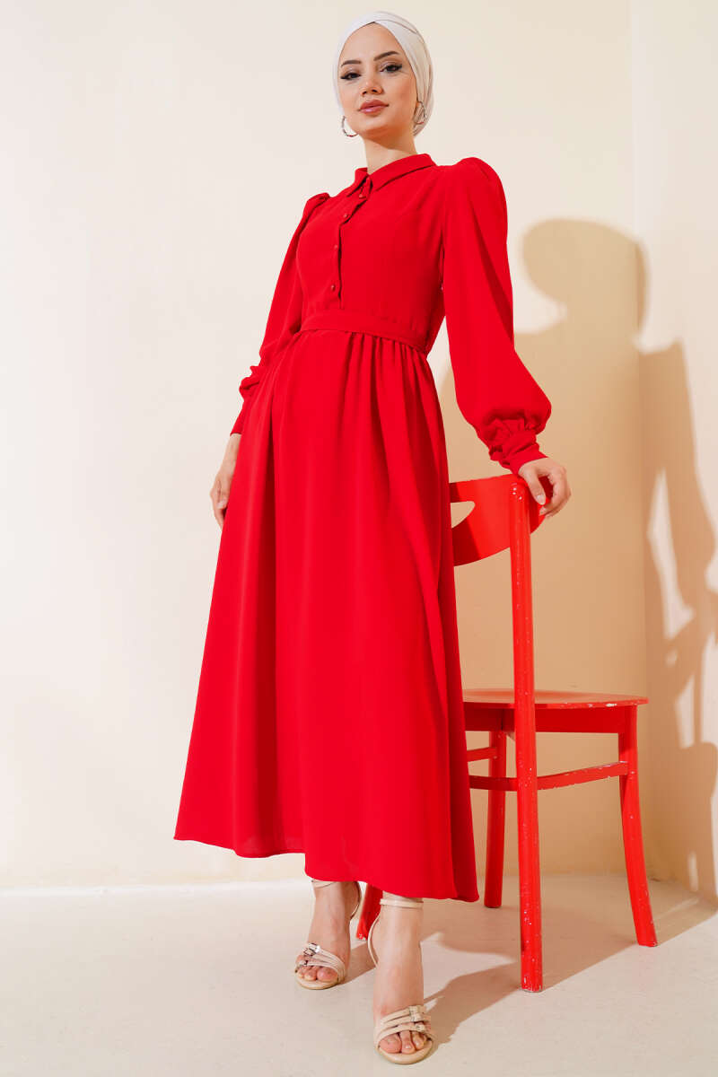 Belted Shirt Collar Dress Red