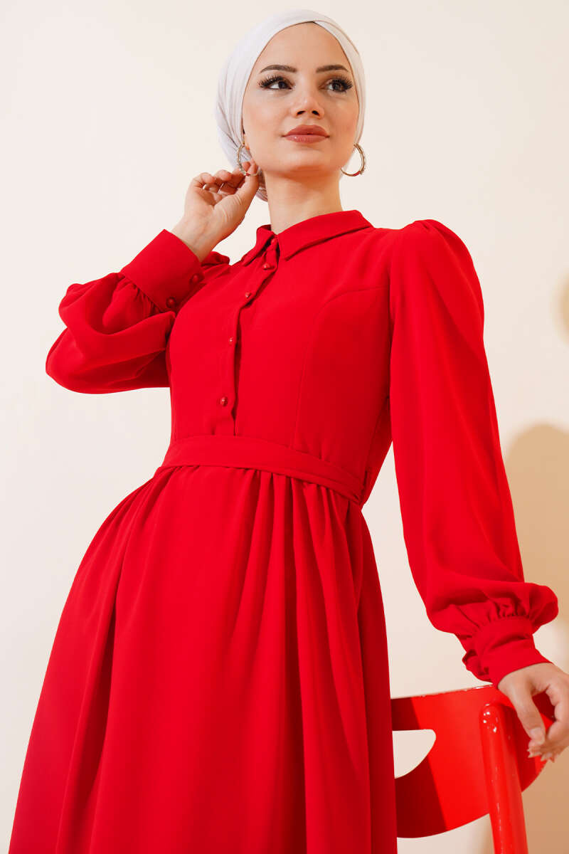 Belted Shirt Collar Dress Red