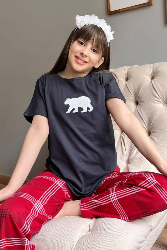 Navy Blue Bear Short Sleeve Mother Daughter Family Pajamas - Set