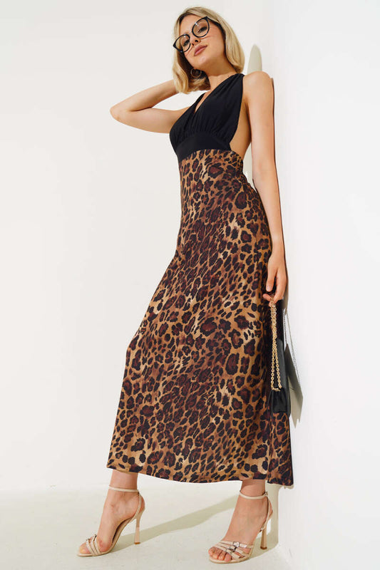 Leopard Pattern Backless Dress - Black