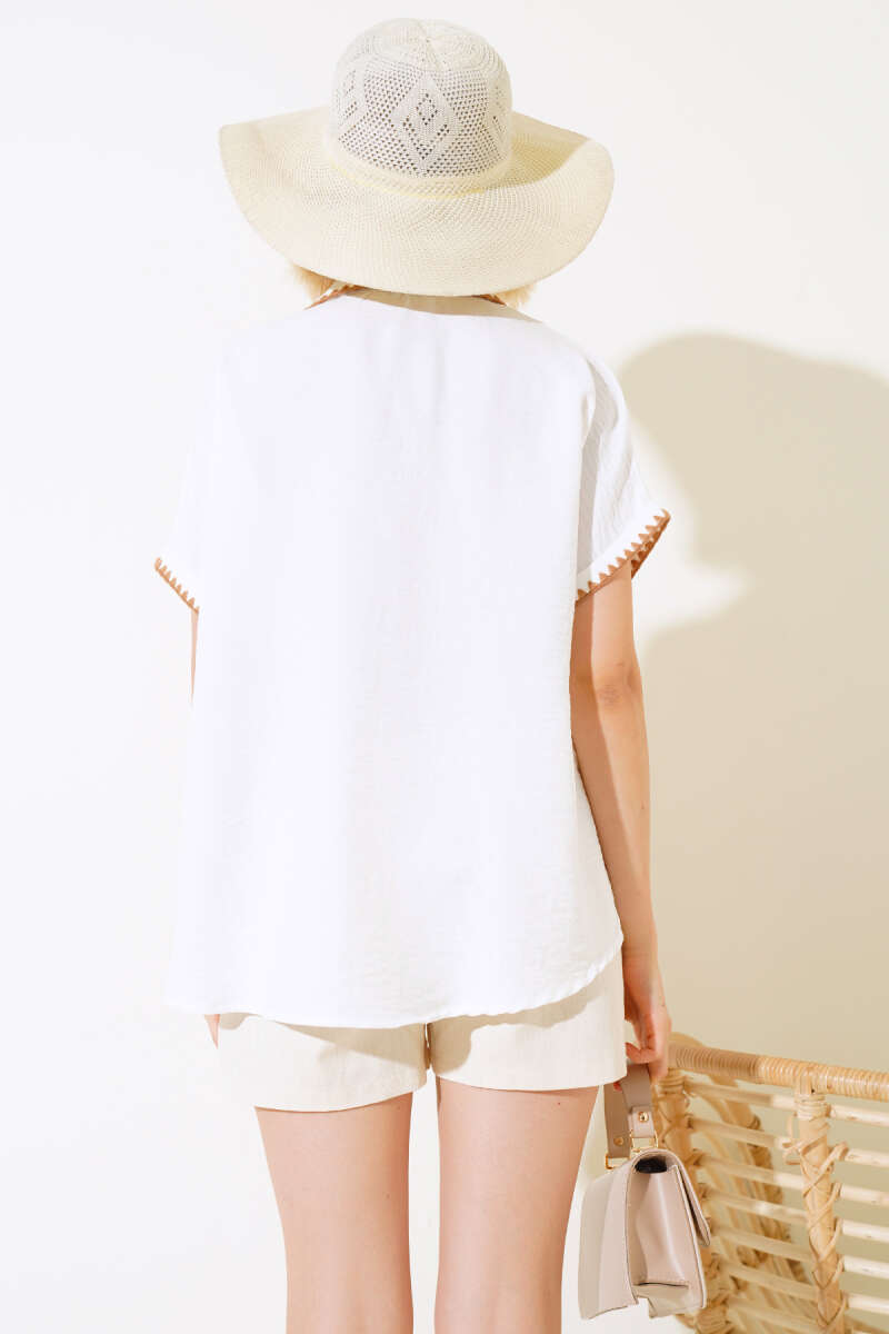 Mussel Stitched Short Sleeve Shirt - Ecru