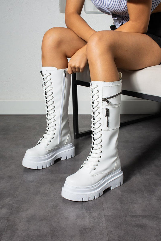 Women's White Heeled Leather Boots