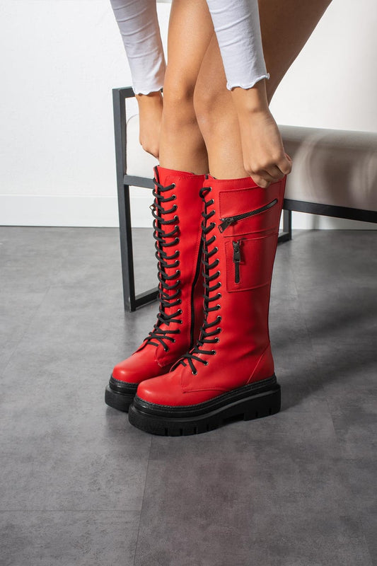 Women's Red Heeled Leather Boots