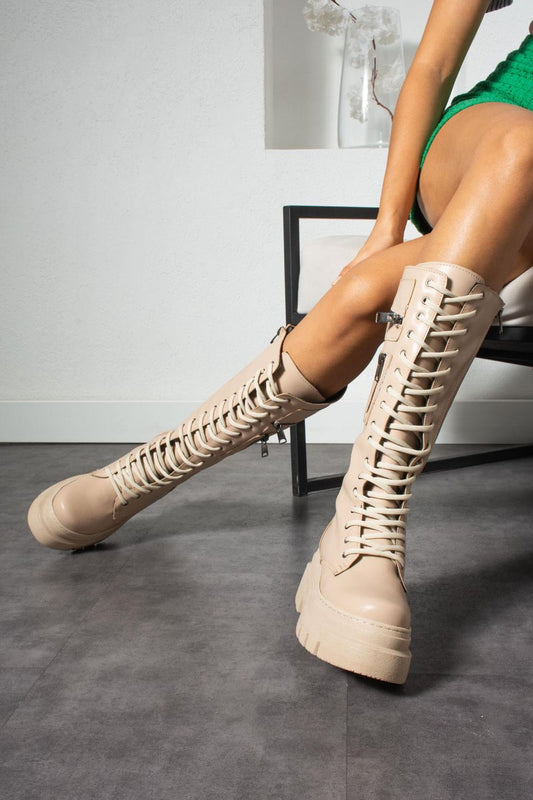 Women's Cream Heeled Leather Boots