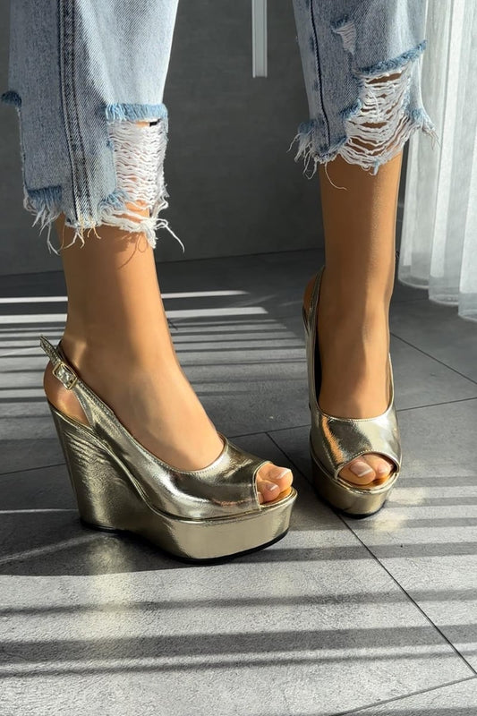 Women's Gold Leather Wedge Heeled Sandals