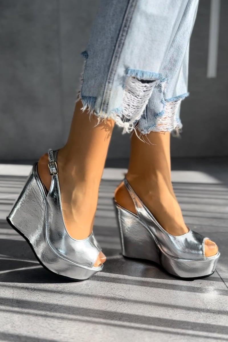 Women's Silver Leather Wedge Heeled Sandals