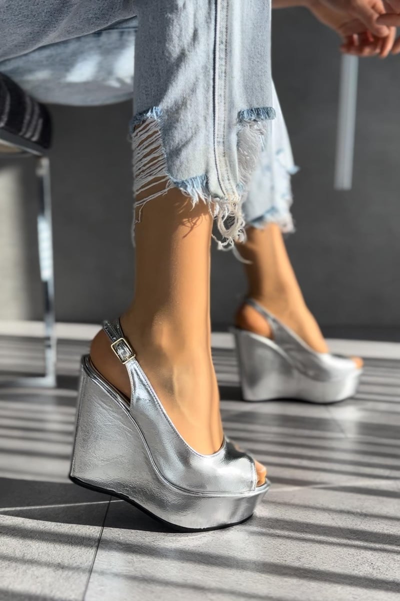 Women's Silver Leather Wedge Heeled Sandals