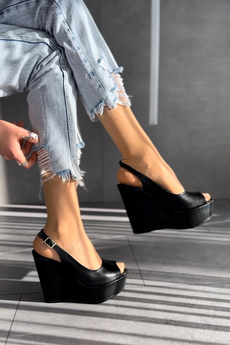 Women's Black Wedge Heeled Shoes