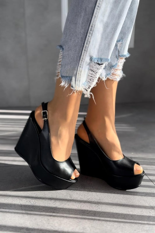 Women's Black Wedge Heeled Shoes