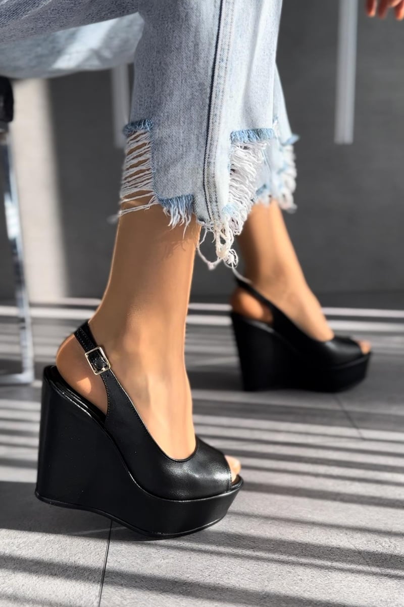 Women's Black Wedge Heeled Shoes