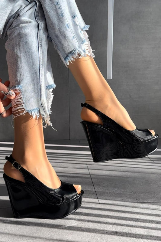 Women's Black Patent Leather Wedge Heeled Shoes