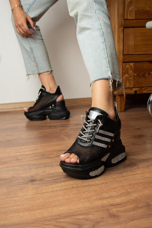 Wedge Heeled Black Sports Sandals