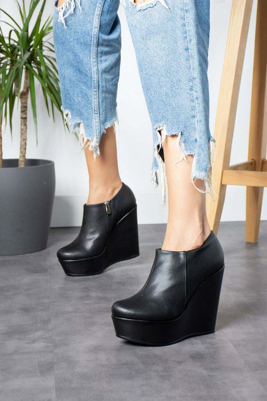 Women's Black Wedge Heeled Leather Boots