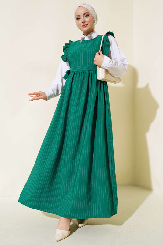 Shoulder Ruffle Striped Gilet Dress - Green