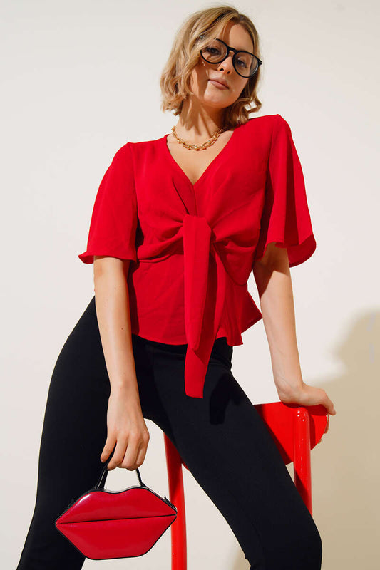 Front Tie Blouse - Red