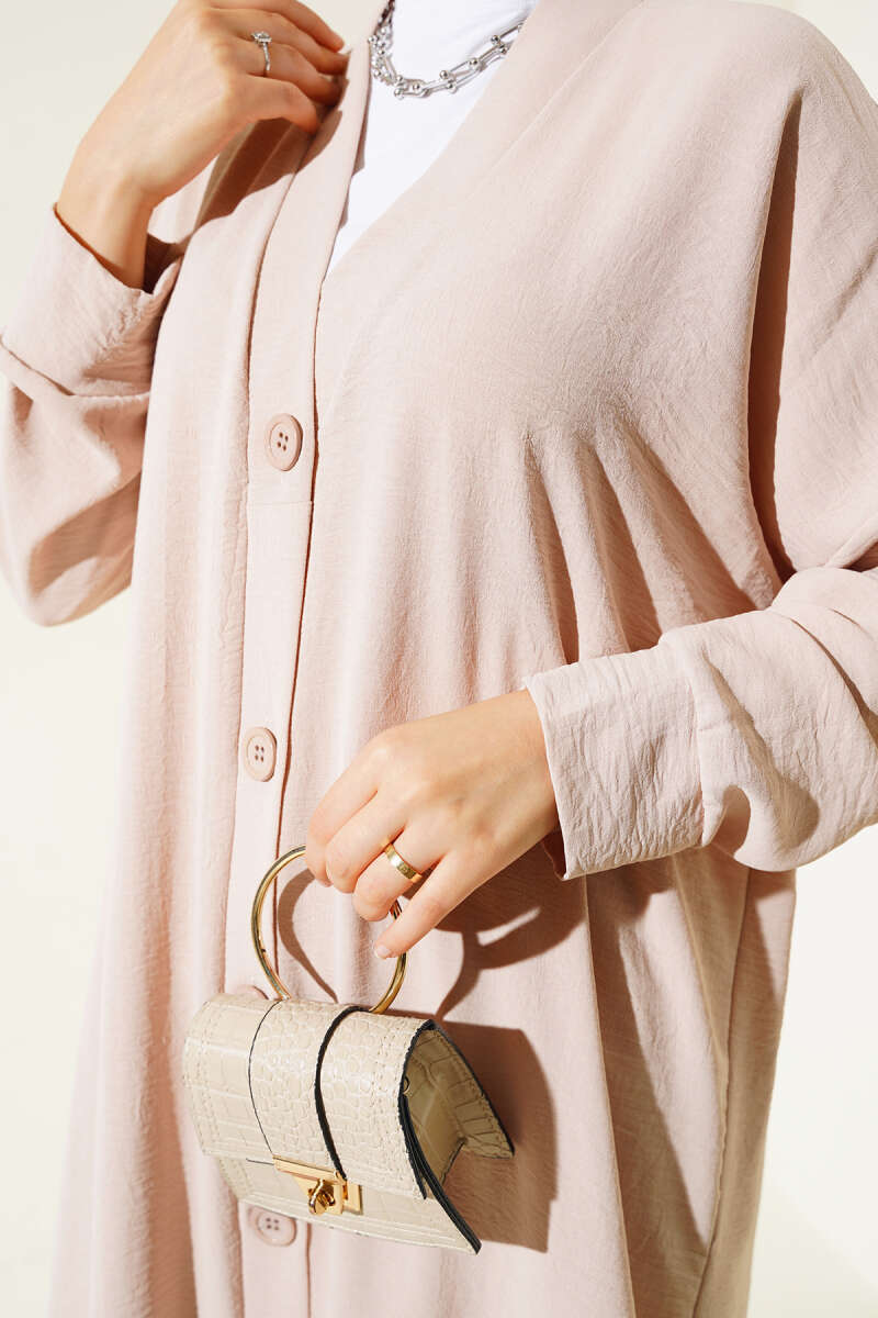 Beige Long Cardigan with Buttons on the Front