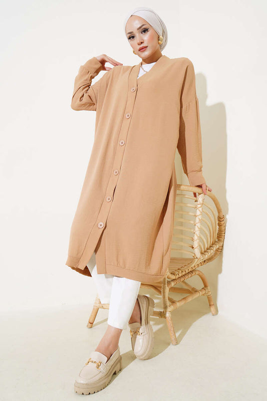 Biscuit Long Cardigan with Buttons on the Front