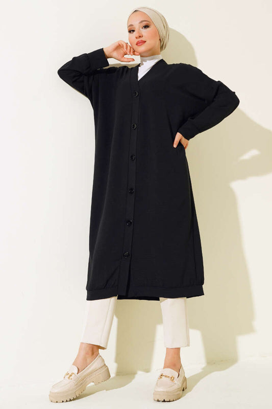 Black Long Cardigan with Buttons on the Front