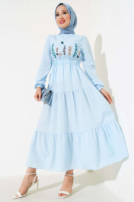 Baby Blue Embroidered Front Elastic Waist Dress