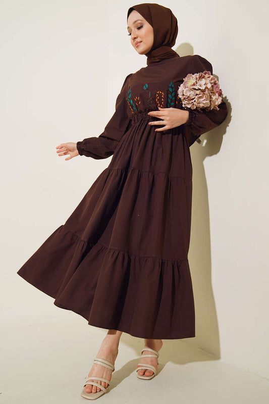 Chestnut Embroidered Front Elastic Waist Dress