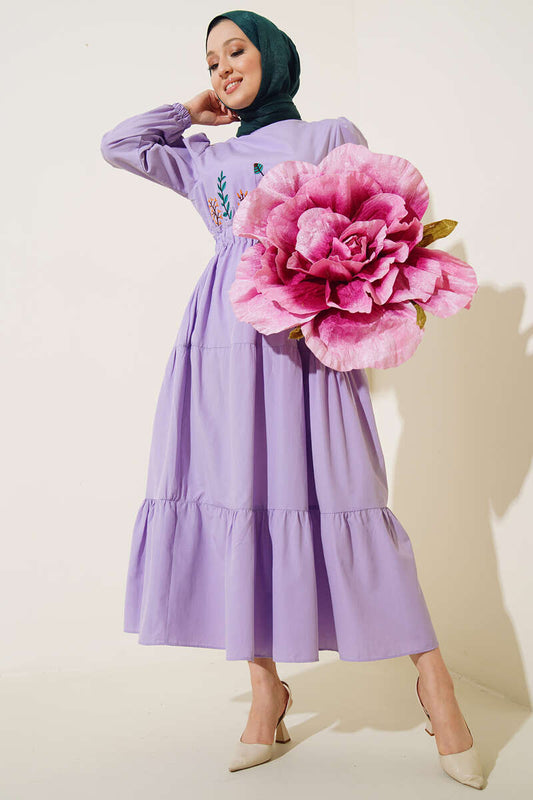 Lilac Embroidered Front Elastic Waist Dress