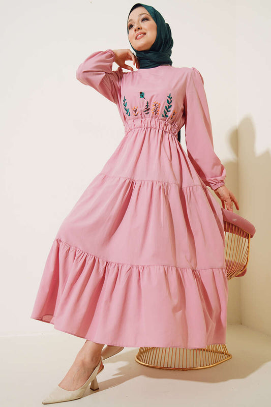 Powder Embroidered Front Elastic Waist Dress