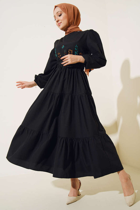 Black Embroidered Front Elastic Waist Dress