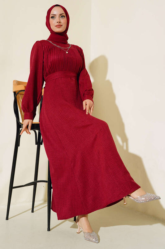 Pleated Front Linen Dress - Burgundy