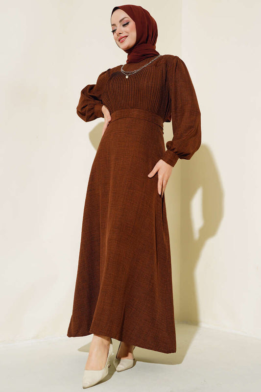 Pleated Front Linen Dress - Brown