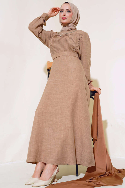 Pleated Front Linen Dress - Latte