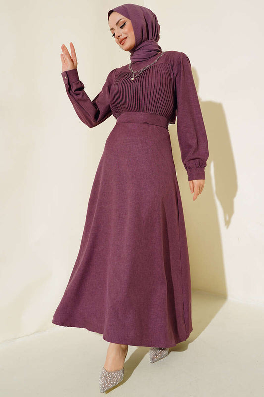 Pleated Front Linen Dress - Magenta