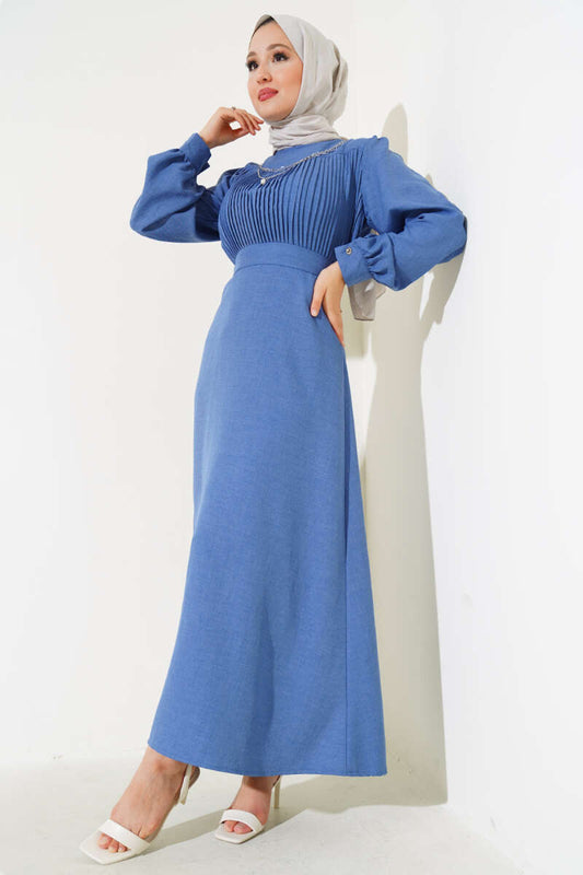 Pleated Front Linen Dress - Blue