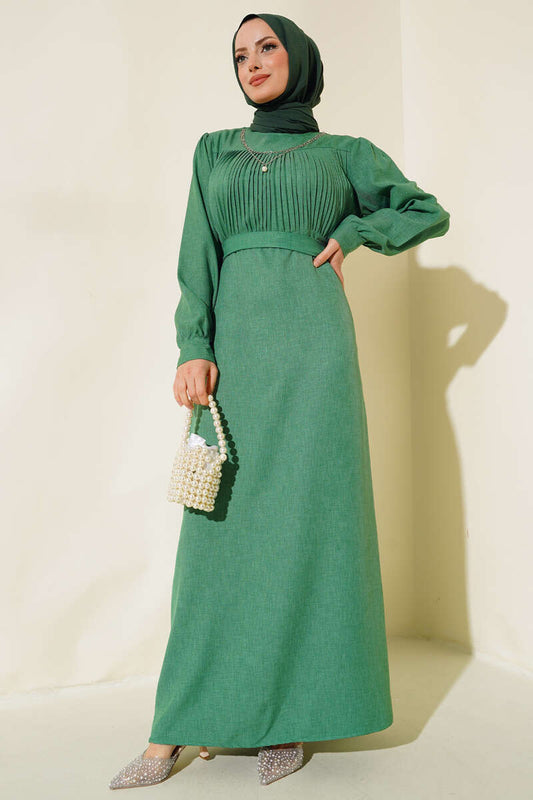 Pleated Front Linen Dress - Green