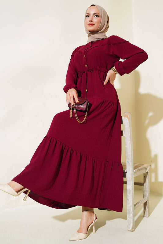 Half Button Front Layered Dress - Burgundy