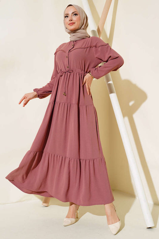 Half Button Front Layered Dress - Dusty Rose