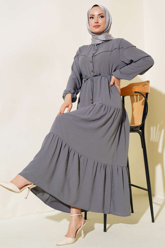 Half Button Front Layered Dress - Slate Gray