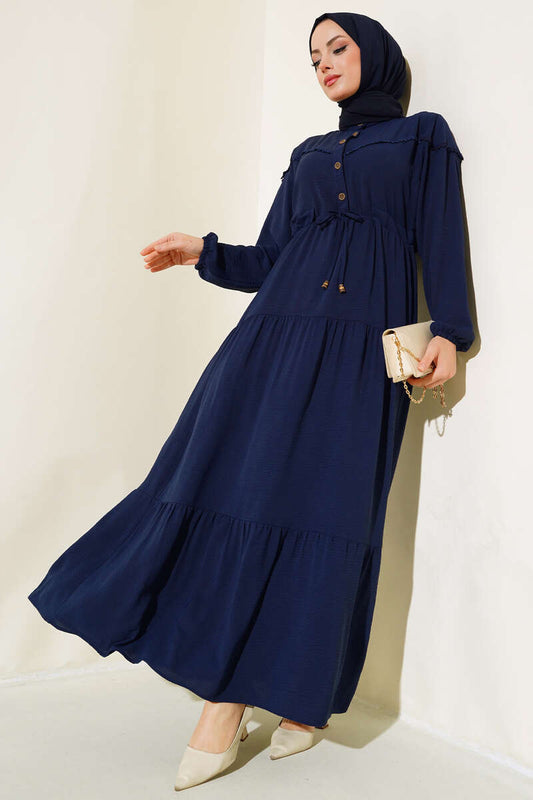 Half Button Front Layered Dress - Navy Blue