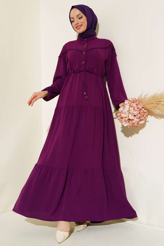 Half Button Front Layered Dress - Purple