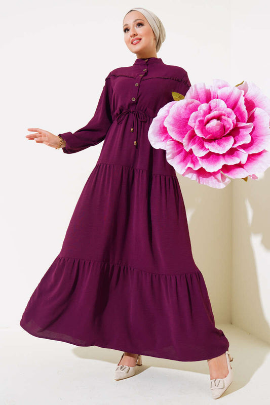 Half Button Front Layered Dress - Plum