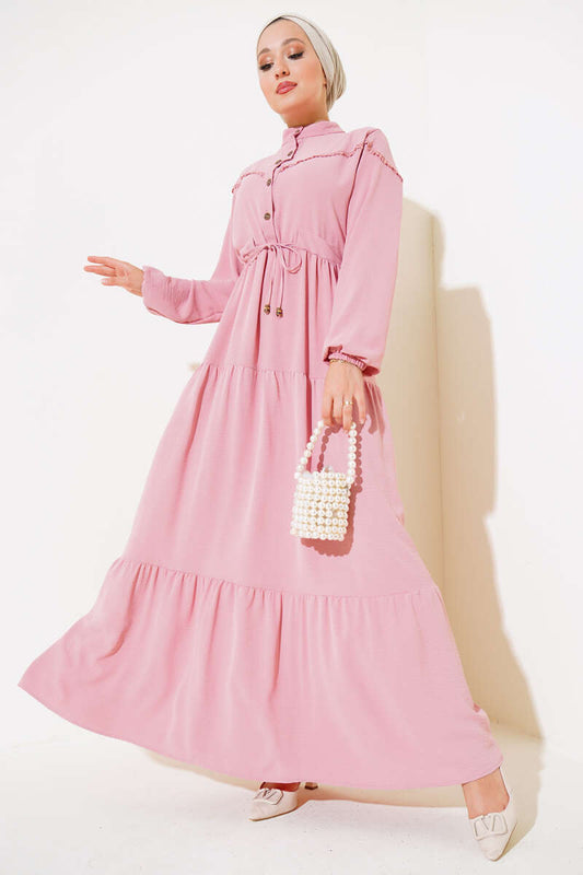 Half Button Front Layered Dress - Powder