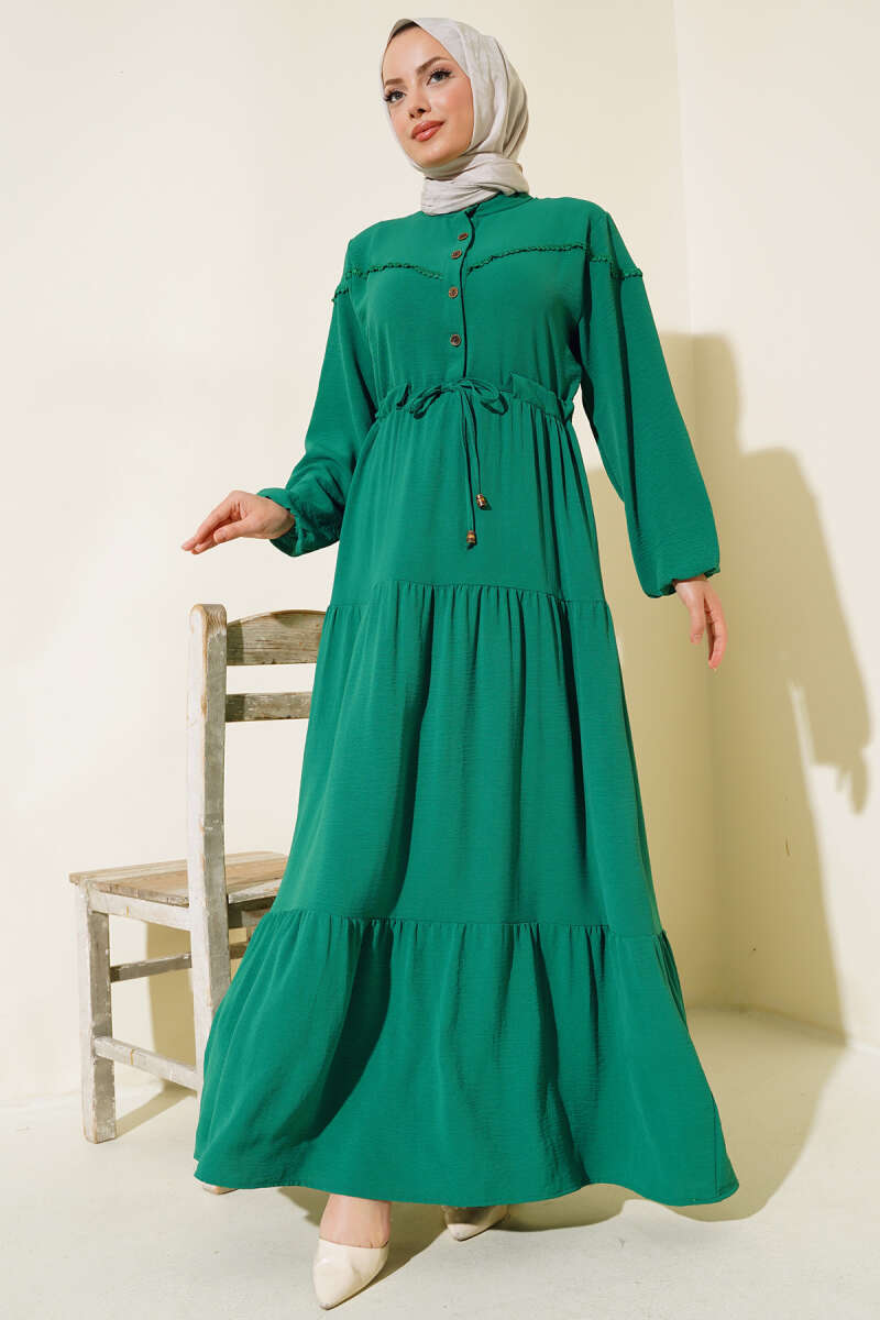 Half Button Front Layered Dress - Green