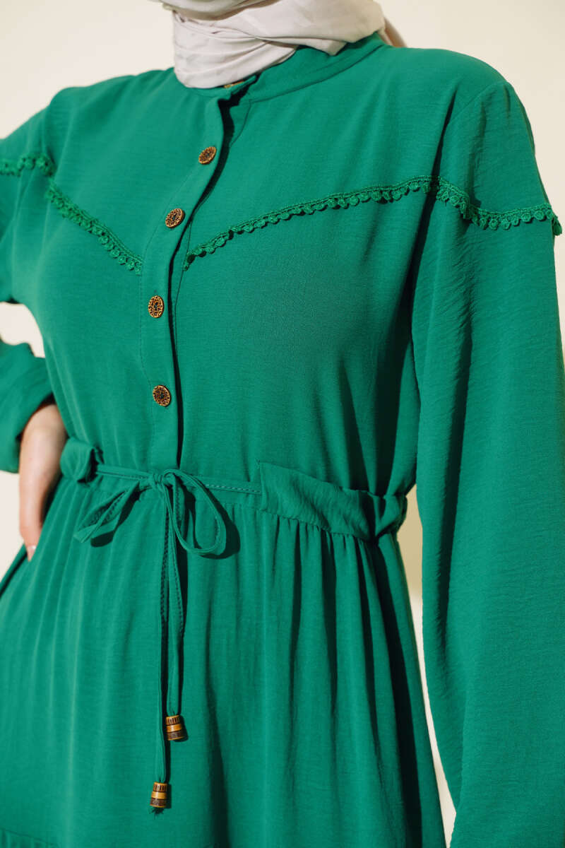 Half Button Front Layered Dress - Green