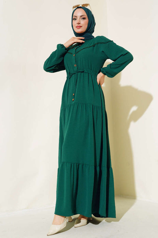 Half Button Front Layered Dress - Emerald