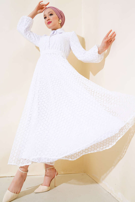 Lace Patterned Dress - Ecru