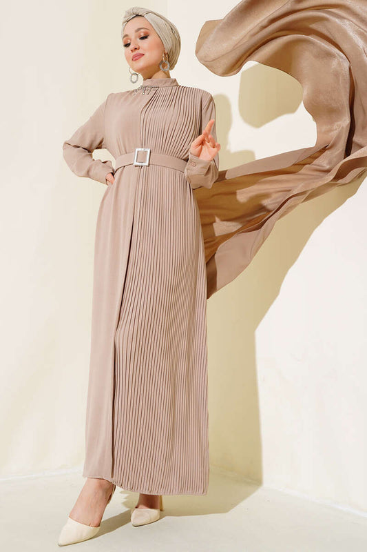 Pleated Belted Dress - Beige