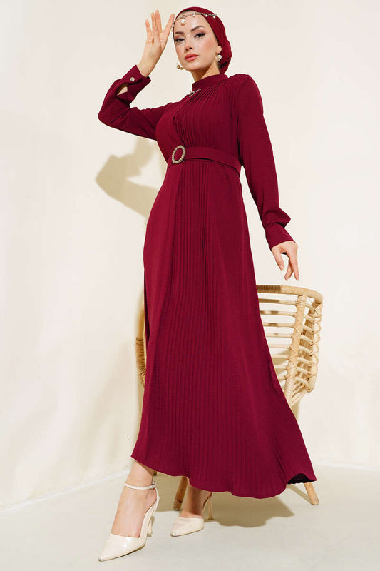 Pleated Belted Dress - Burgundy