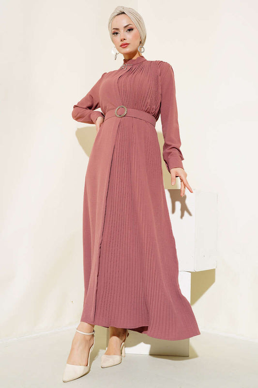 Pleated Belted Dress - Dusty Rose