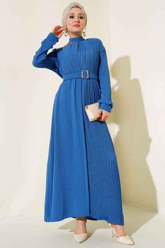 Pleated Belted Dress - Indigo