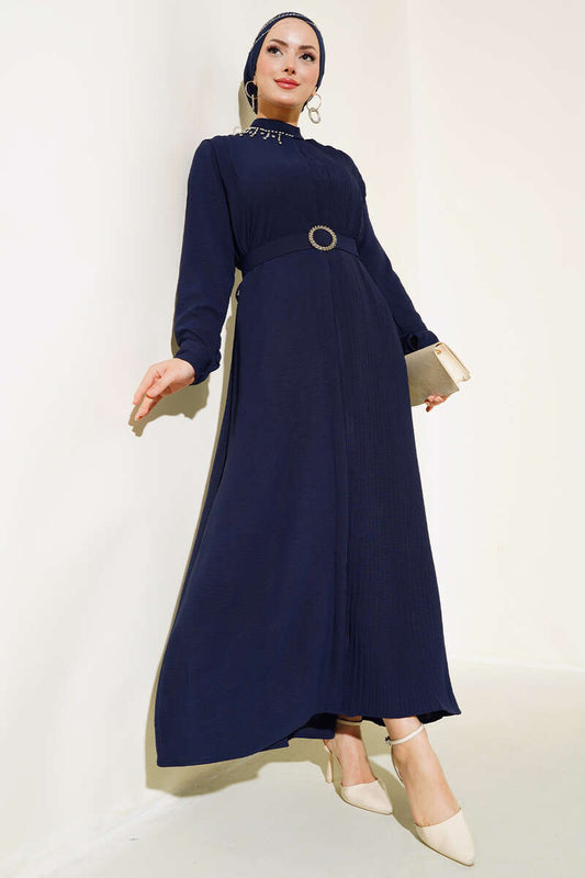 Pleated Belted Dress - Navy Blue